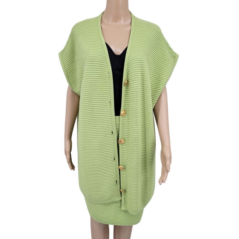 Rena Lange Italian Wool Knit Drop Shoulder Sweater Vest Skirt Set